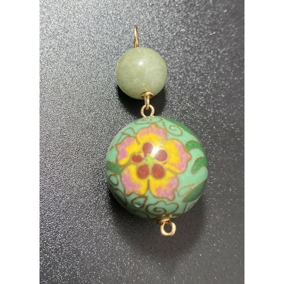 VTg 14k Pendant Yellow Gold Green Jade Floral Chinese Cloissone Ball Pendant